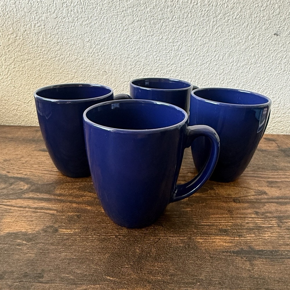Set Of 4 Corelle Coordinates Stoneware Coffee Cups Mugs Dark Navy Cobalt Blue